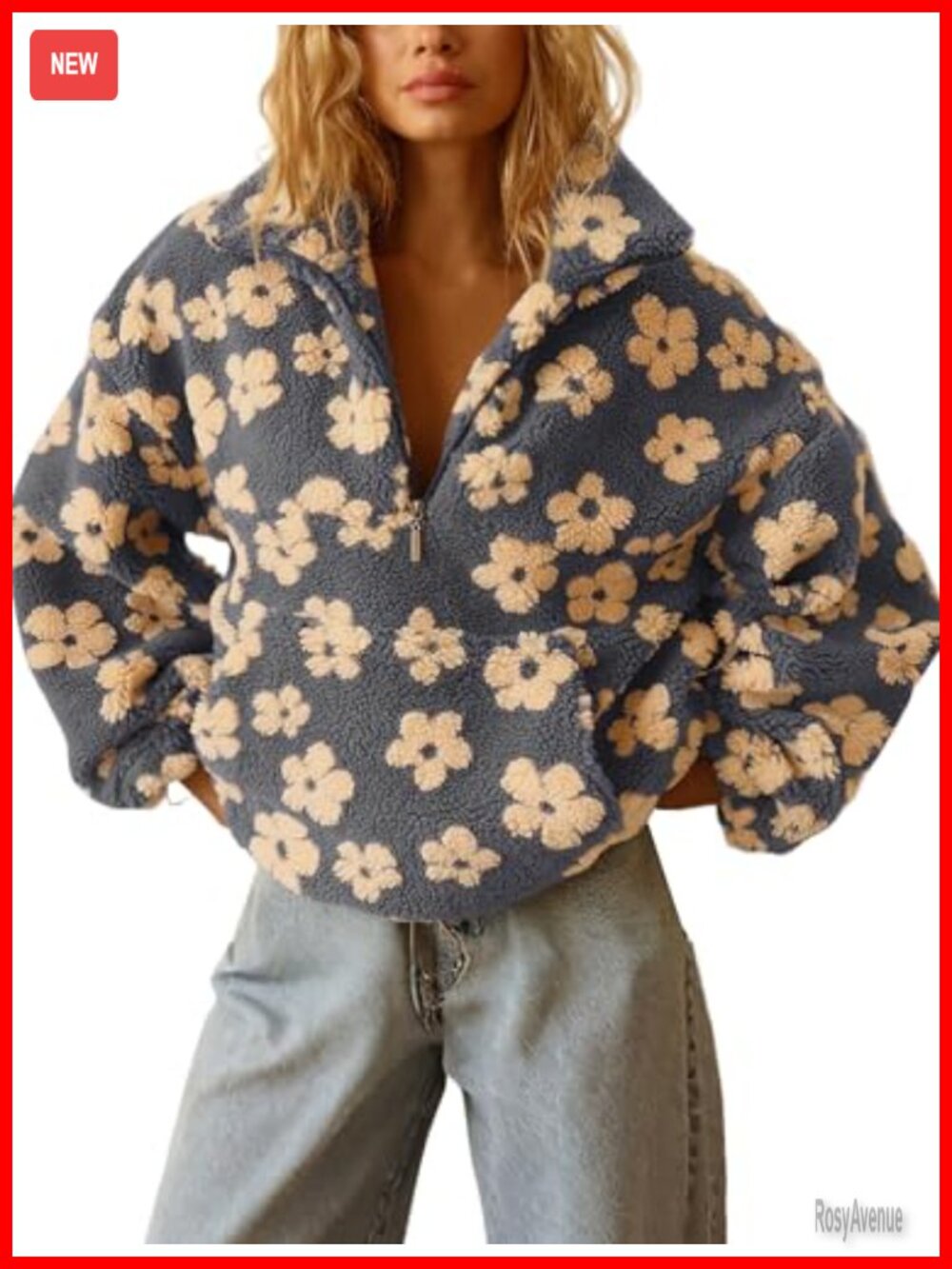 Floral Faux Fur Pullover Fleece Sweatshirt 1/2 Zip Sherpa Jacket